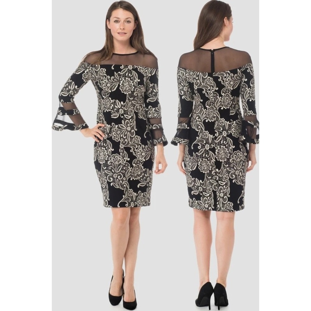 Joseph Ribkoff The Janelle Dress Size 10 Black White Floral Mesh Sheath Party